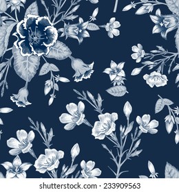 Vector seamless background. Design for fabrics, textiles, paper, wallpaper, web. Roses, peonies, anemones, bluebells. Retro. Vintage style.