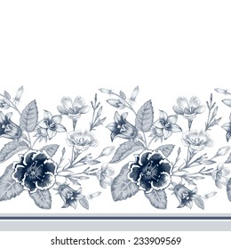 Vector seamless background. Design for fabrics, textiles, paper, wallpaper, web. Roses, peonies, anemones, bluebells. Retro. Vintage style.