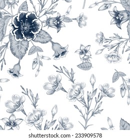 Vector seamless background. Design for fabrics, textiles, paper, wallpaper, web. Roses, peonies, anemones, bluebells. Retro. Vintage style.