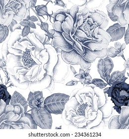 Vector seamless background. Design for fabrics, textiles, paper, wallpaper, web. Roses, peonies, anemones, bluebells. Retro. Vintage style. Floral ornament.