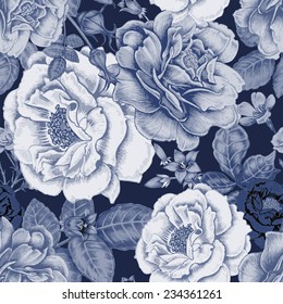 Vector seamless background. Design for fabrics, textiles, paper, wallpaper, web. Roses, peonies, anemones, bluebells. Retro. Vintage style. Floral ornament.