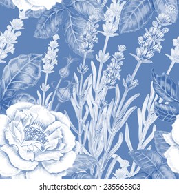 Vector seamless background. Design for fabrics, textiles, paper, wallpaper, web. Roses, lavender. Retro. Vintage style. Floral ornament. Shabby-chic.