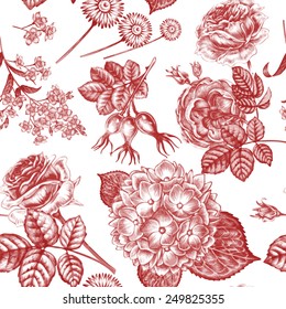 Vector seamless background. Design for fabrics, textiles, paper, wallpaper, web. Retro. Vintage style. rose, hydrangea, forget-me, rosehips.