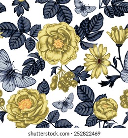 Vector seamless background. Design for fabrics, textiles, paper, wallpaper, web. Retro. Vintage style. Floral ornament.