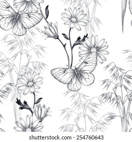 Vector seamless background. Design for fabrics, textiles, paper, wallpaper, web. Chamomile, cereals, butterfly. Retro. Vintage style.