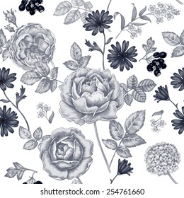 Vector seamless background. Design for fabrics, textiles, paper, wallpaper, web. Roses, bindweed. Retro. Vintage style.