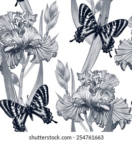 Vector seamless background. Design for fabrics, textiles, paper, wallpaper, web. Irises, butterfly. Retro. Vintage style.