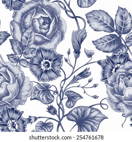 Vector seamless background. Design for fabrics, textiles, paper, wallpaper, web. Roses, bindweed. Retro. Vintage style.