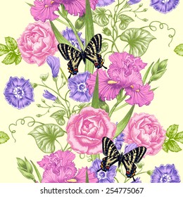 Vector seamless background. Design for fabrics, textiles, paper, wallpaper, web. Roses, irises, bindweed, butterflies. Retro. Vintage style.