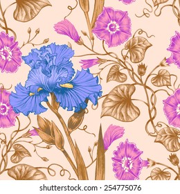 Vector seamless background. Design for fabrics, textiles, paper, wallpaper, web. Irises, bindweed. Retro. Vintage style.