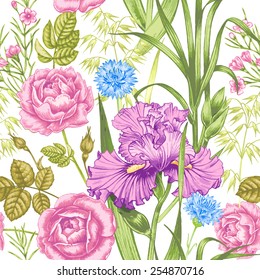 Vector seamless background. Design for fabrics, textiles, paper, wallpaper, web. Irises, rose. Retro. Vintage style.