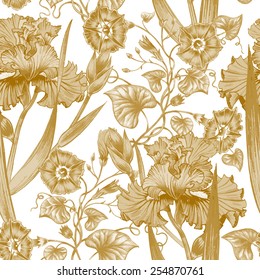 Vector seamless background. Design for fabrics, textiles, paper, wallpaper, web. Irises, bindweed. Retro. Vintage style.