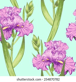 Vector seamless background. Design for fabrics, textiles, paper, wallpaper, web. Irises. Retro. Vintage style.