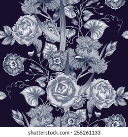 Vector seamless background. Design for fabrics, textiles, paper, wallpaper, web. Roses, irises, bindweed. Retro. Vintage style.