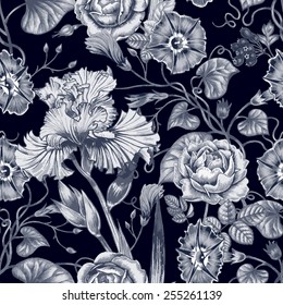 Vector seamless background. Design for fabrics, textiles, paper, wallpaper, web. Roses, irises, bindweed. Retro. Vintage style.