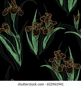 Vector seamless background. Design for fabrics, textiles, paper, wallpaper, web. Irises, bindweed. Retro. Vintage style. Imitation embroidery.