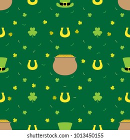 Vector seamless background for design design for St. Patrick's Day. Boiler, coins, horseshoe, hat, clover. Can be used for postcard, wrapping paper, wallpaper, clothing, cover