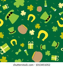 Vector seamless background for design design for St. Patrick's Day. Boiler, coins, horseshoe, hat, clover. Can be used for postcard, wrapping paper, wallpaper, clothing, cover