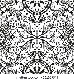 Vector seamless background, detailed lace pattern, tribal ethnic ornament, fabric texture, hand drawn fashion artwork. Black and white