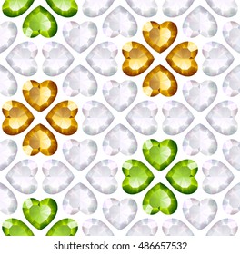 Vector seamless background with diamonds heart shape. Orange cross and green quarterfoil on white background