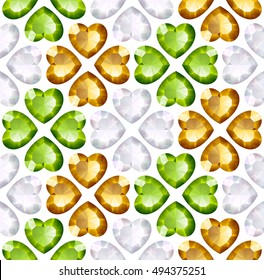 Vector seamless background with diamonds heart shape. Orange cross and green quarterfoil on white background