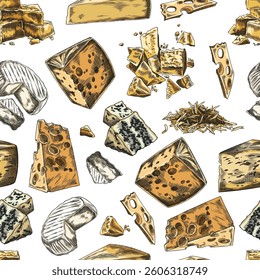 Vector seamless background with different types of cheese, hand drawn watercolor illustration. Pieces of different dairy products. Ingredient. Healthy snack. Engraving. Textile, paper.