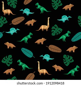Vector seamless background with dinosaurs. Black background with colored dinosaurs. Fabric, wallpaper.