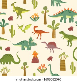 Vector seamless background with dinosaurs. Jurassic Park. Children's pattern. Tyrannosaurus, Brachiosaurus, Pterodactyl, Diplodocus, Triceptors. Set of cartoon dinosaurs. Can print on fabric

