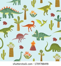 Vector seamless background with dinosaurs. Jurassic Park. Children's pattern. Tyrannosaurus, Brachiosaurus, Pterodactyl, Diplodocus, Triceptors. Set of cartoon dinosaurs. Can print on fabric
