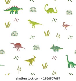 Vector seamless background with dinosaurs. Jurassic Park. Children's pattern. Tyrannosaurus, Brachiosaurus, Pterodactyl, Diplodocus, Triceptors. Set of cartoon dinosaurs. Can print on fabric
