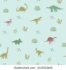 Vector seamless background with dinosaurs. Jurassic Park. Children's pattern. Tyrannosaurus, Brachiosaurus, Pterodactyl, Diplodocus, Triceptors. Set of cartoon dinosaurs. Can print on fabric
