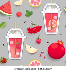 Vector seamless background with disposable cups of red drink. Paper cut design. 