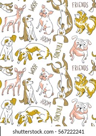Vector seamless background with dogs of different breeds.  Funny hand drawn fabric design.