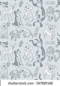 Vector seamless background with dogs of different breeds.  Funny hand drawn fabric design.