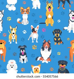 Vector seamless background with dogs flat design.