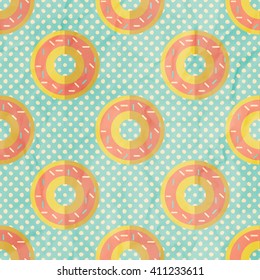 Vector seamless background with donuts. Childish pattern. Crumpled paper texture.