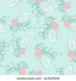 Vector seamless background with doodle flies on a pale green background. Eps-8