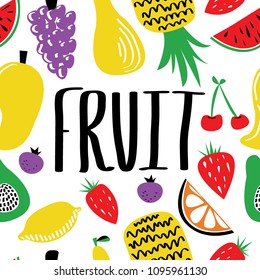 Vector seamless background with doodle hand drawn fruits.