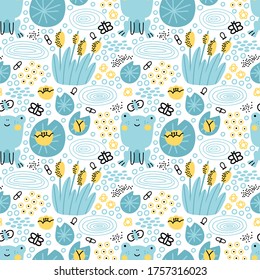 Vector seamless background in doodle style with frog, water lilies, mosquitoes and reeds. Children`s background with a frog and his surroundings.