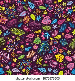 Vector seamless background in doodle style with Exotic tropical flowers and leaves. Hand sketched vector vintage element. Modern textile, wrapping paper, wall art design. Hand draw
