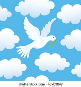 Vector seamless background with a dove in clouds.
