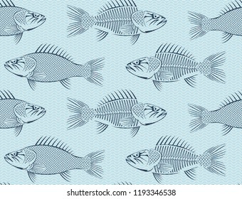 Vector seamless background with drawn sketches of fish on blue background with waves. Hand-drawn illustration in retro style. Can be used for seafood menu or fish market