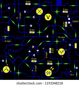 Vector seamless background of electrical circuit of radio device (resistance, transistor, diode, capacitor, inductor).