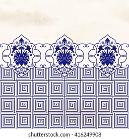 Vector seamless background. Elegant floral border in chinese style. Scroll pattern on watercolor backdrop. Imitation of chinese porcelain painting.