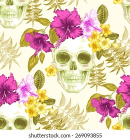 Vector seamless background. Exotic flowers. Hibiscus, palm leaves, skulls. Design for fabrics, textiles, paper, wallpaper, web. Retro. Vintage style. Floral ornament.