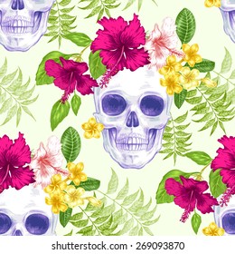 Vector seamless background. Exotic flowers. Hibiscus, palm leaves, skulls. Design for fabrics, textiles, paper, wallpaper, web. Retro. Vintage style. Floral ornament.