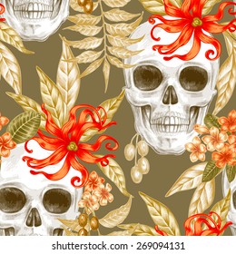 Vector seamless background. Exotic flowers. Ylang,  palm leaves, skulls. Design for fabrics, textiles, paper, wallpaper, web. Retro. Vintage style. Floral ornament.