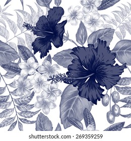 Vector seamless background. Exotic flowers. Hibiscus, palm leaves. Design for fabrics, textiles, paper, wallpaper, web. Retro. Vintage style. Floral ornament. Black and white.