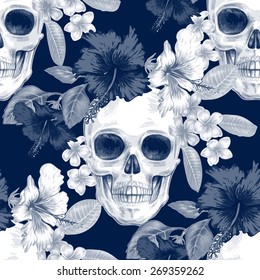 Vector seamless background. Exotic flowers. Hibiscus, palm leaves, skulls. Design for fabrics, textiles, paper, wallpaper, web. Retro. Vintage style. Floral ornament. Black and white.