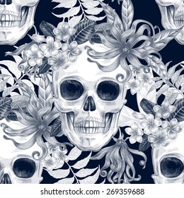 Vector seamless background. Exotic flowers. Ylang,  palm leaves, skulls. Design for fabrics, textiles, paper, wallpaper, web. Retro. Vintage style. Floral ornament. Black and white.